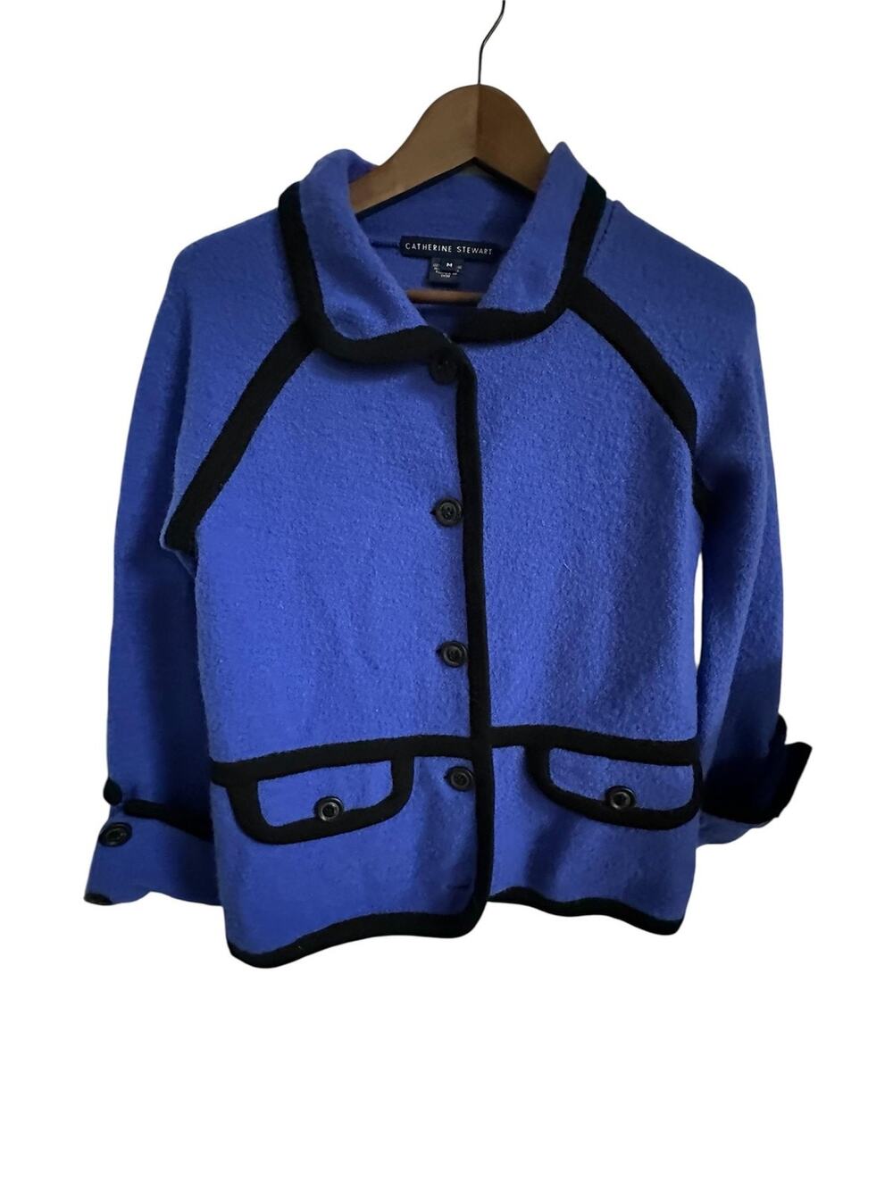 Catherine Stewart Sweater Womens M Blue Wool Cardigan Button Front Pockets Trim
